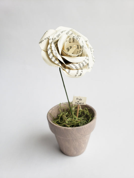 a potted book page paper rose - Novel Blossoms Co