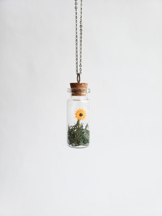 a small paper sunflower in a jar necklace - Novel Blossoms Co