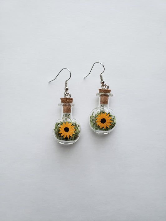paper sunflowers in tiny glass jar earrings - Novel Blossoms Co