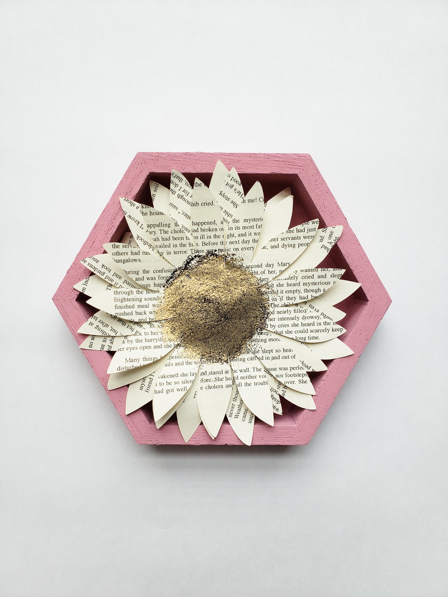 A book page paper sunflower in a hexagonal frame - Novel Blossoms Co