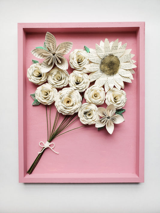 Framed art piece of book page paper flowers in the shape of a bouquet - Novel Blossoms Co