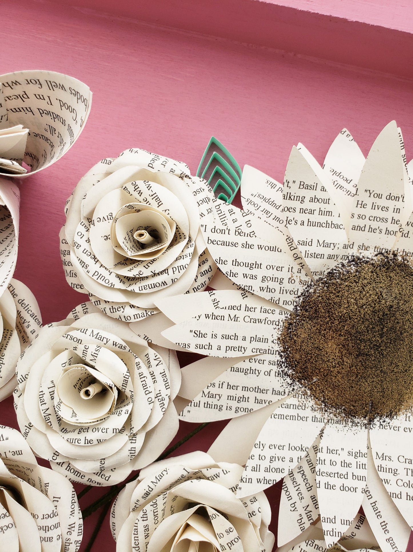 Close up of book page paper flowers in the shape of a bouquet - Novel Blossoms Co