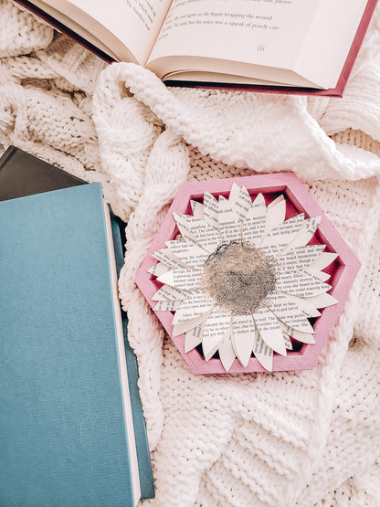 A book page paper sunflower in a hexagonal frame on a cozy blanket with books around it - Novel Blossoms Co