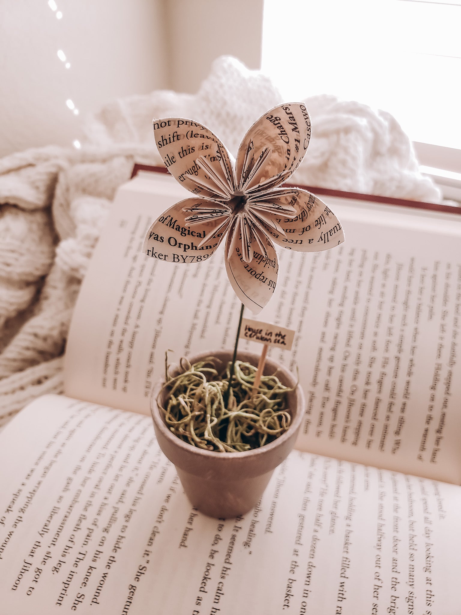 a potted star-shaped book page paper flower sitting on an open book - Novel Blossoms Co