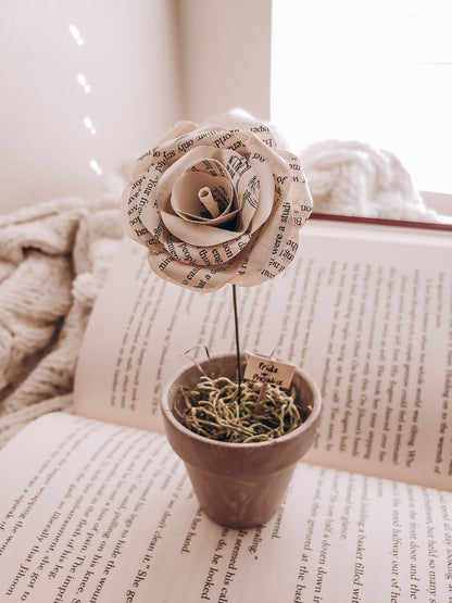 a potted book page paper rose sitting on an open book - Novel Blossoms Co