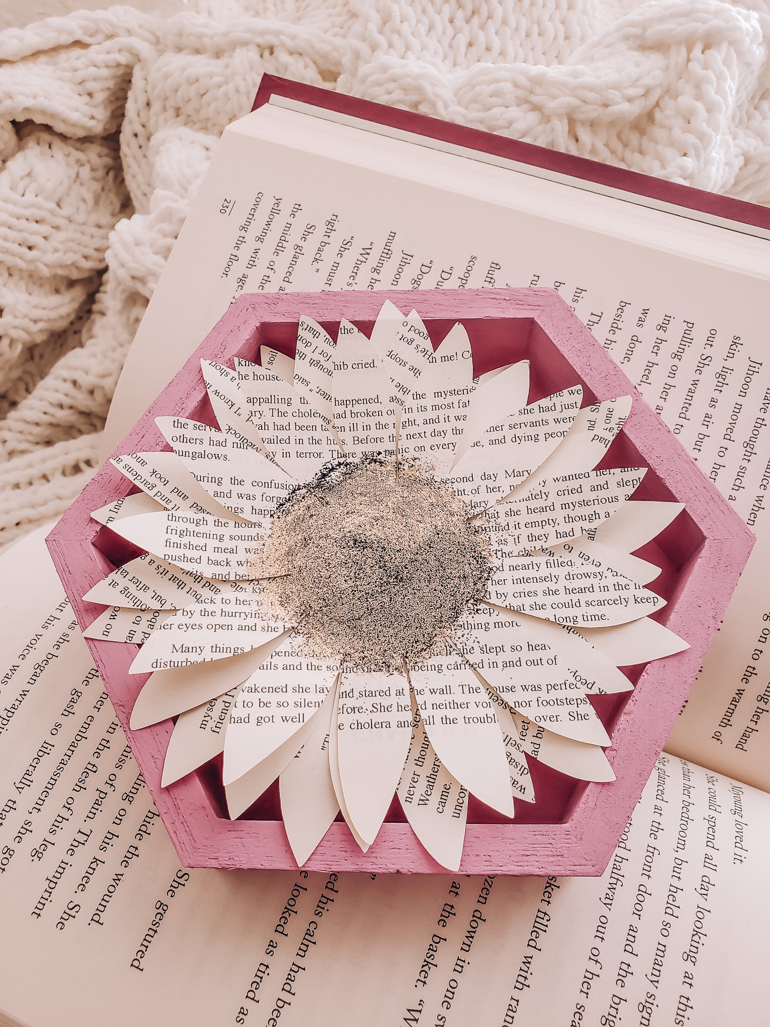 A book page paper sunflower in a hexagonal frame on an open book - Novel Blossoms Co