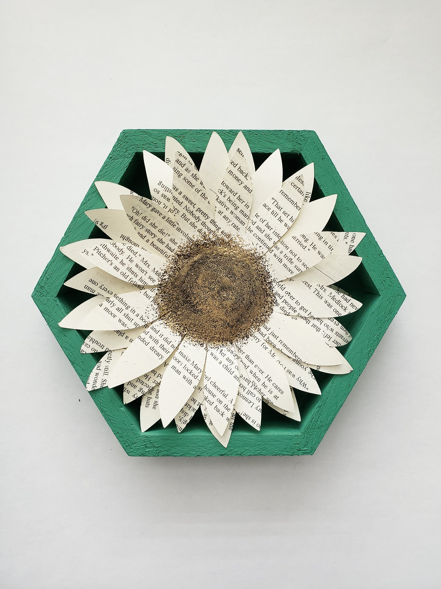 A book page paper sunflower in a hexagonal frame - Novel Blossoms Co