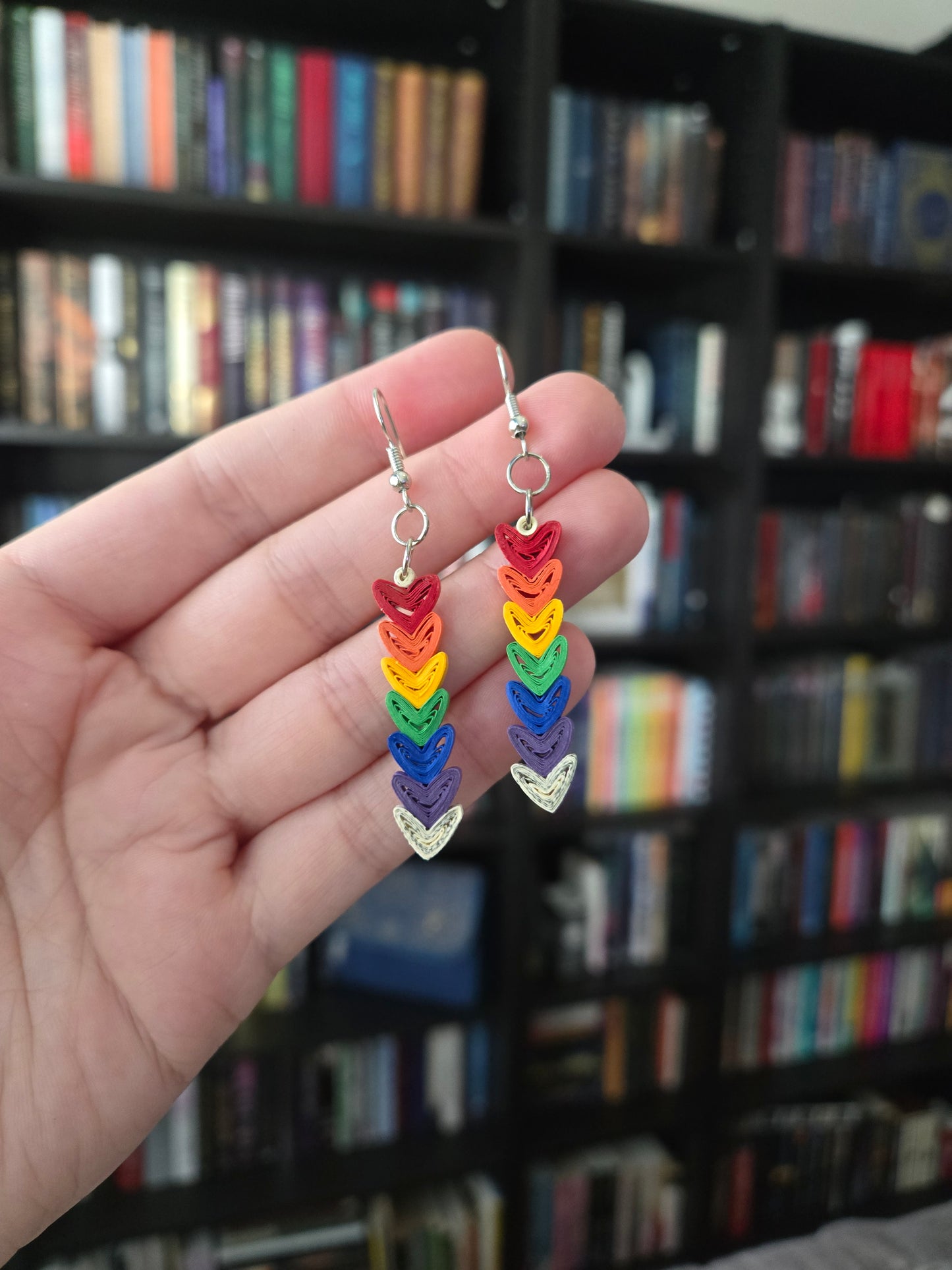 Bookish Pride Heart Earrings, Book Page Paper Art Jewelry, Queer Book Lover Gift, Lightweight Dangle Earrings