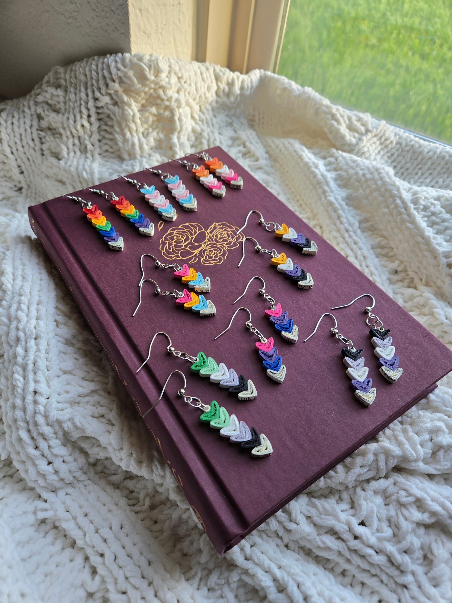 Bookish Pride Heart Earrings, Book Page Paper Art Jewelry, Queer Book Lover Gift, Lightweight Dangle Earrings