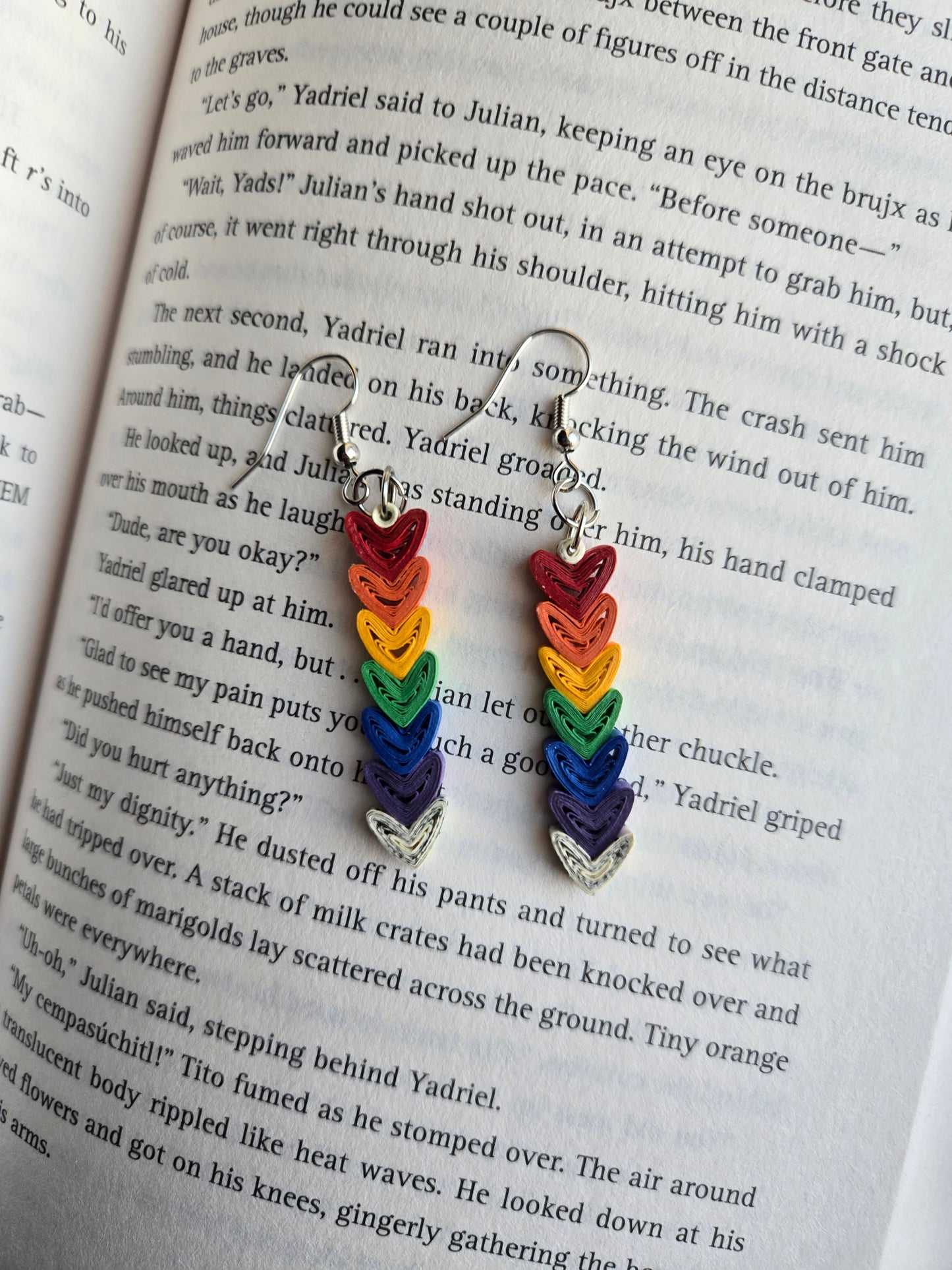 Bookish Pride Heart Earrings, Book Page Paper Art Jewelry, Queer Book Lover Gift, Lightweight Dangle Earrings