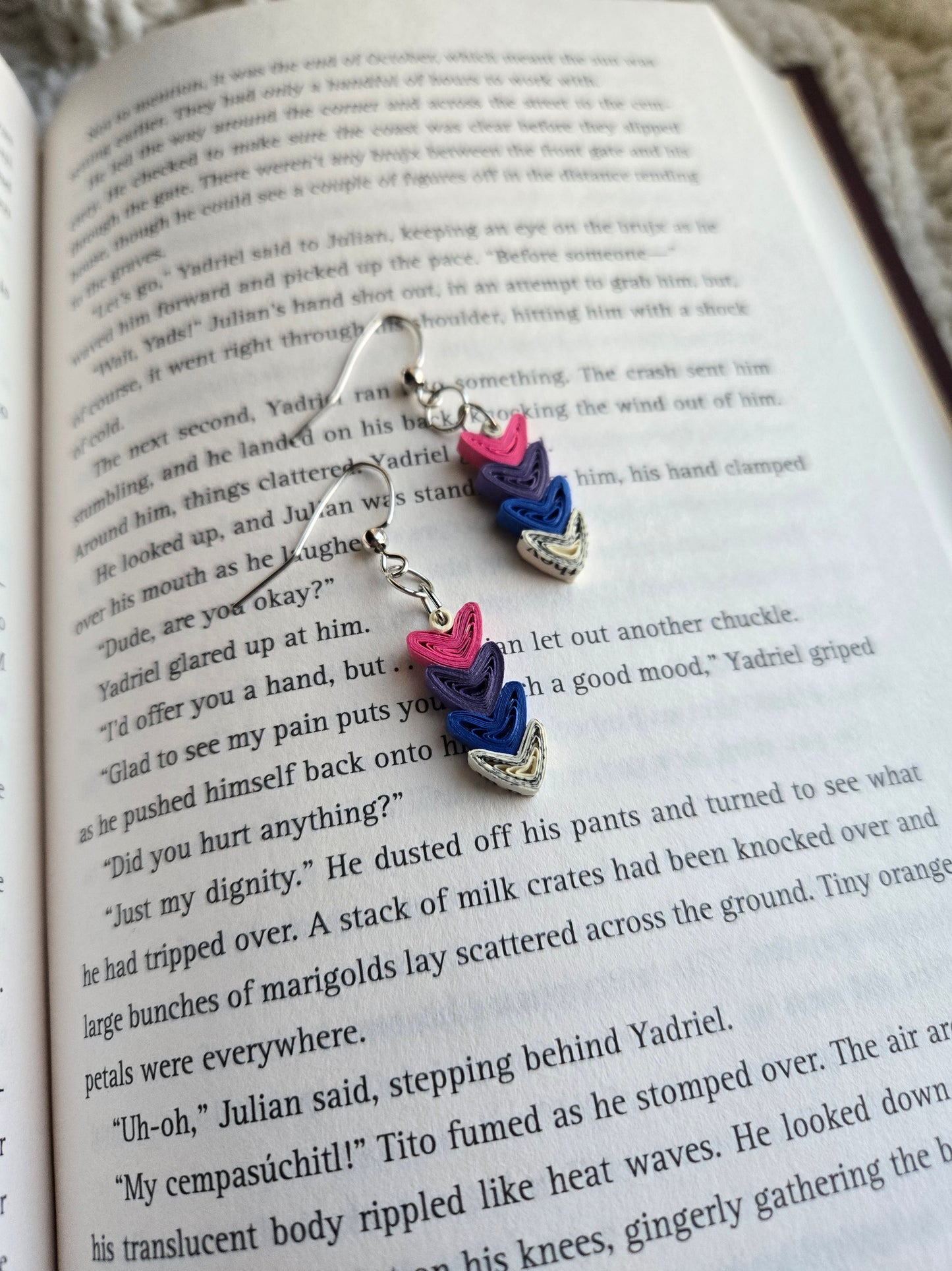 Bookish Pride Heart Earrings, Book Page Paper Art Jewelry, Queer Book Lover Gift, Lightweight Dangle Earrings