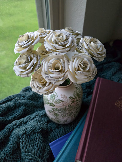 Paper Flower Wedding Bouquet, Vintage Book Page Roses, 12 Stems